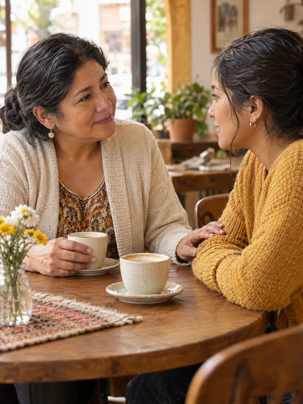 Dos mujeres conversan con calidez en una mesa de café