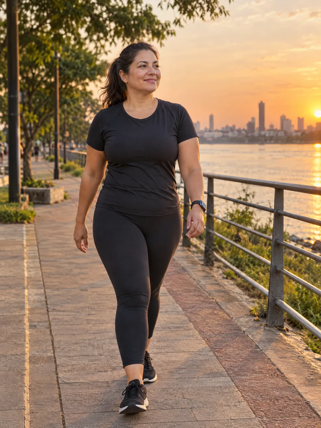 Una mujer camina a paso firme por la costanera al atardecer