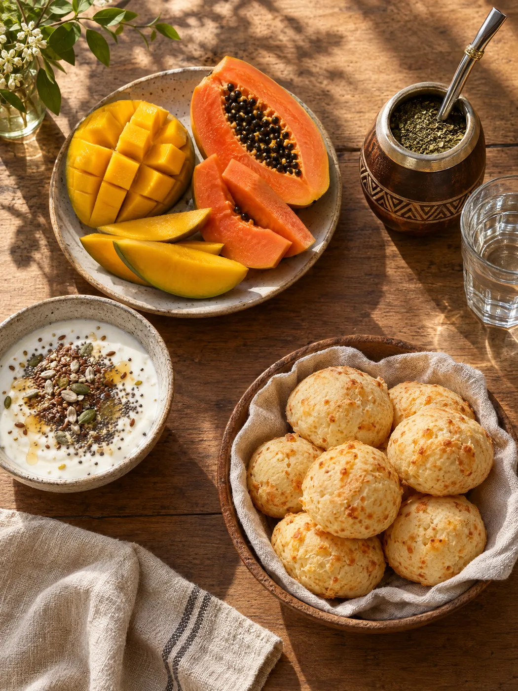 Desayuno paraguayo a la luz de la mañana: mango, mamón, chipa y mate