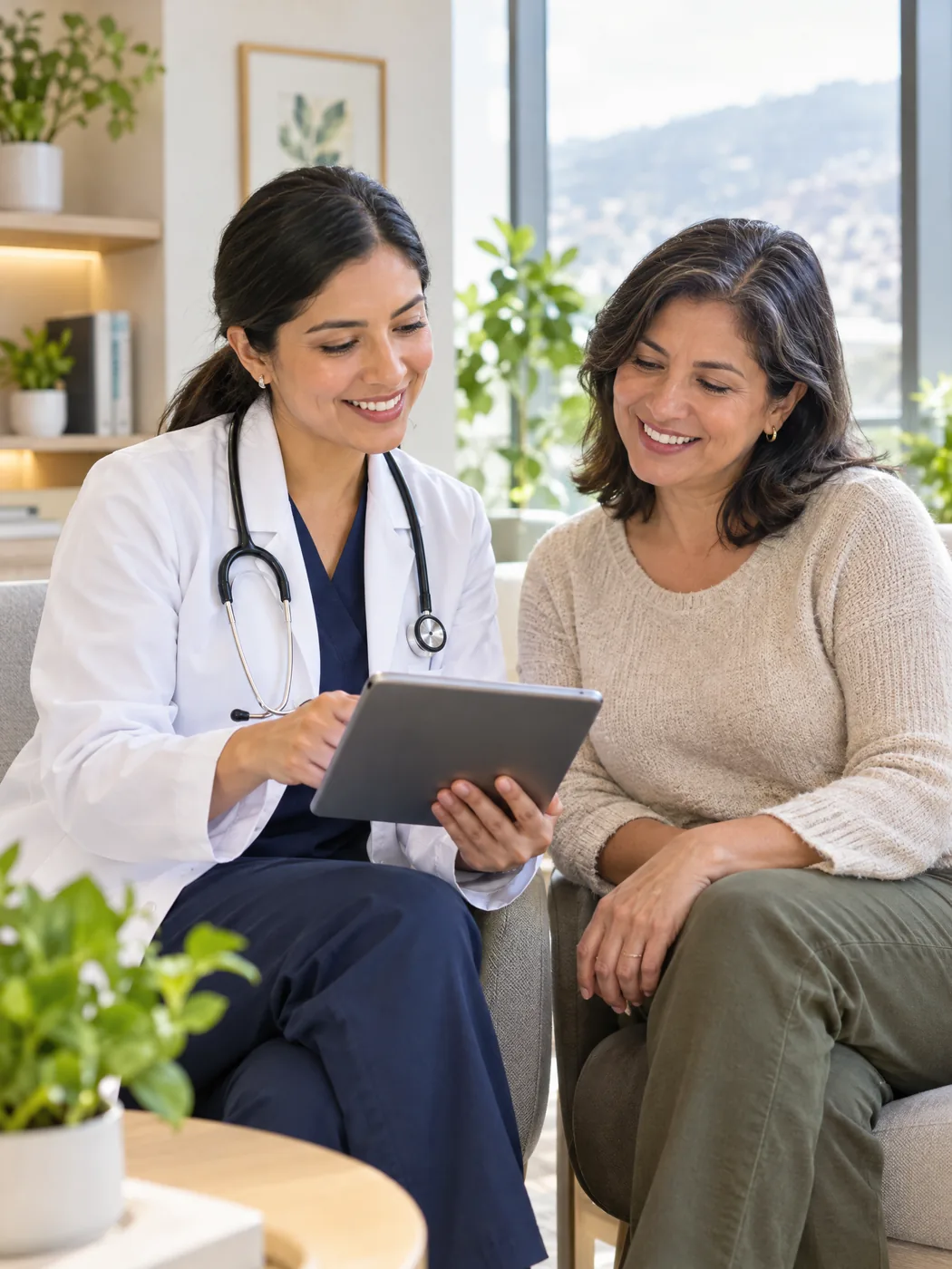 Una profesional de la salud revisa información con su paciente en una consulta luminosa